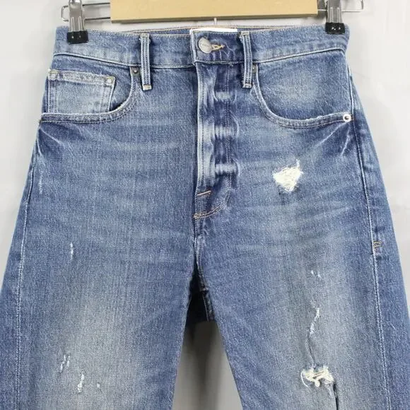 Frame Shorts Womens 24 Le Vintage Bermuda Heartbreaker Frayed Hem High Rise Blue - Picture 2 of 15